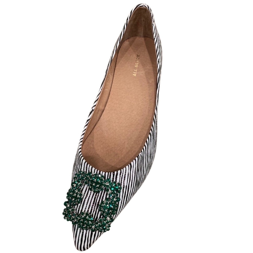 ALL BLACK Zebra Print Crystal Buckle 39.5 Leather Maximalist Glam‎ Flats Womens